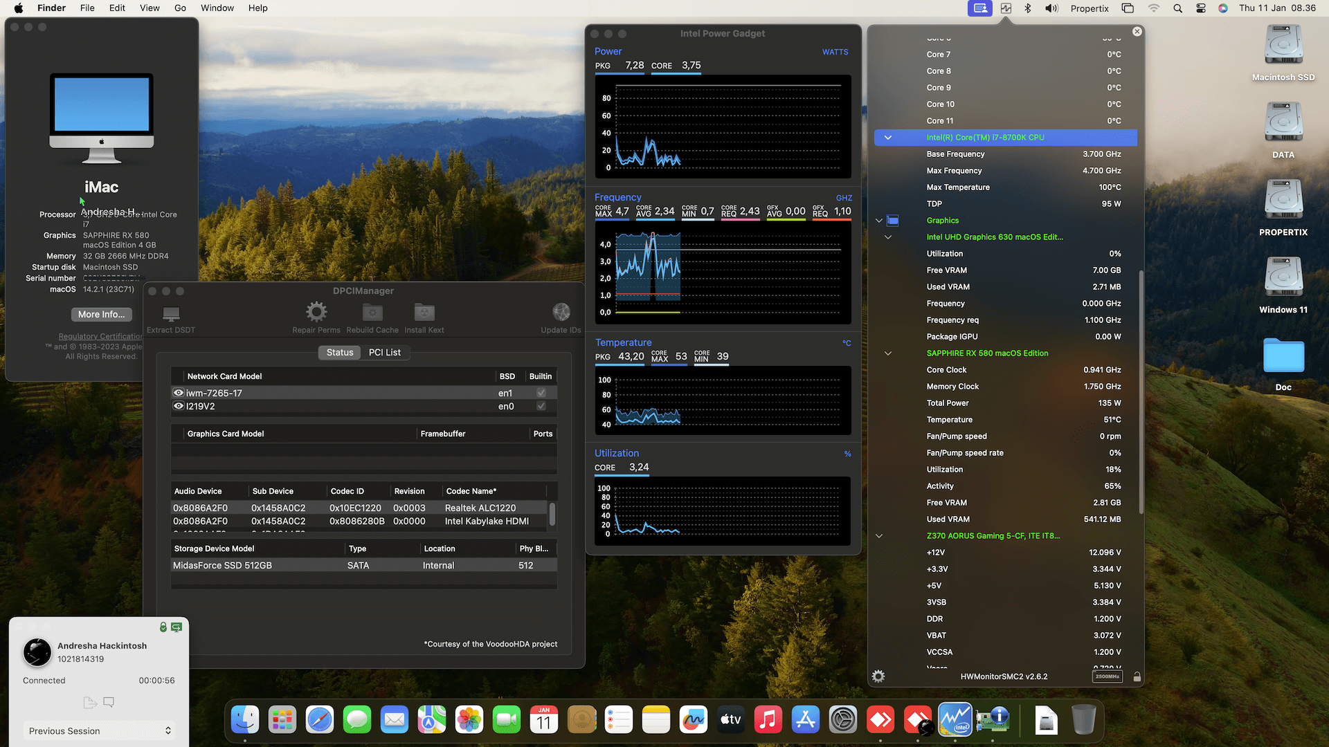 Success Hackintosh macOS Sonoma 14.2.1 Build 23C71 in Gigabyte Z370 Aorus Gaming 5 + Intel Core i7 8700K + Sapphire RX 580
